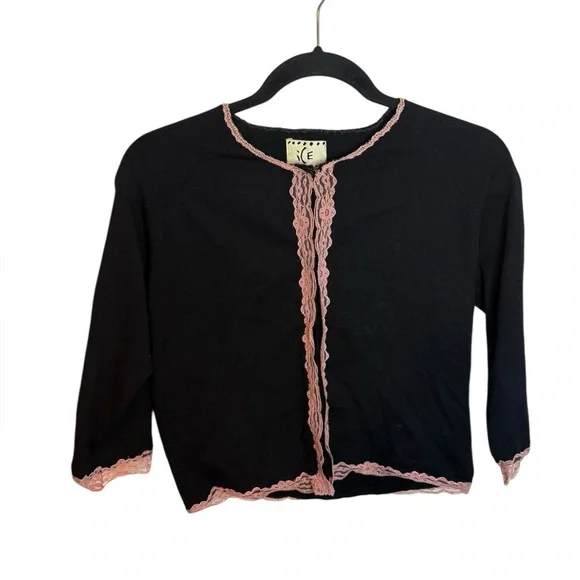 Ice Vintage Y2K Black Silk Baby Pink Lace Trim Cardigan - Picture 1 of 4